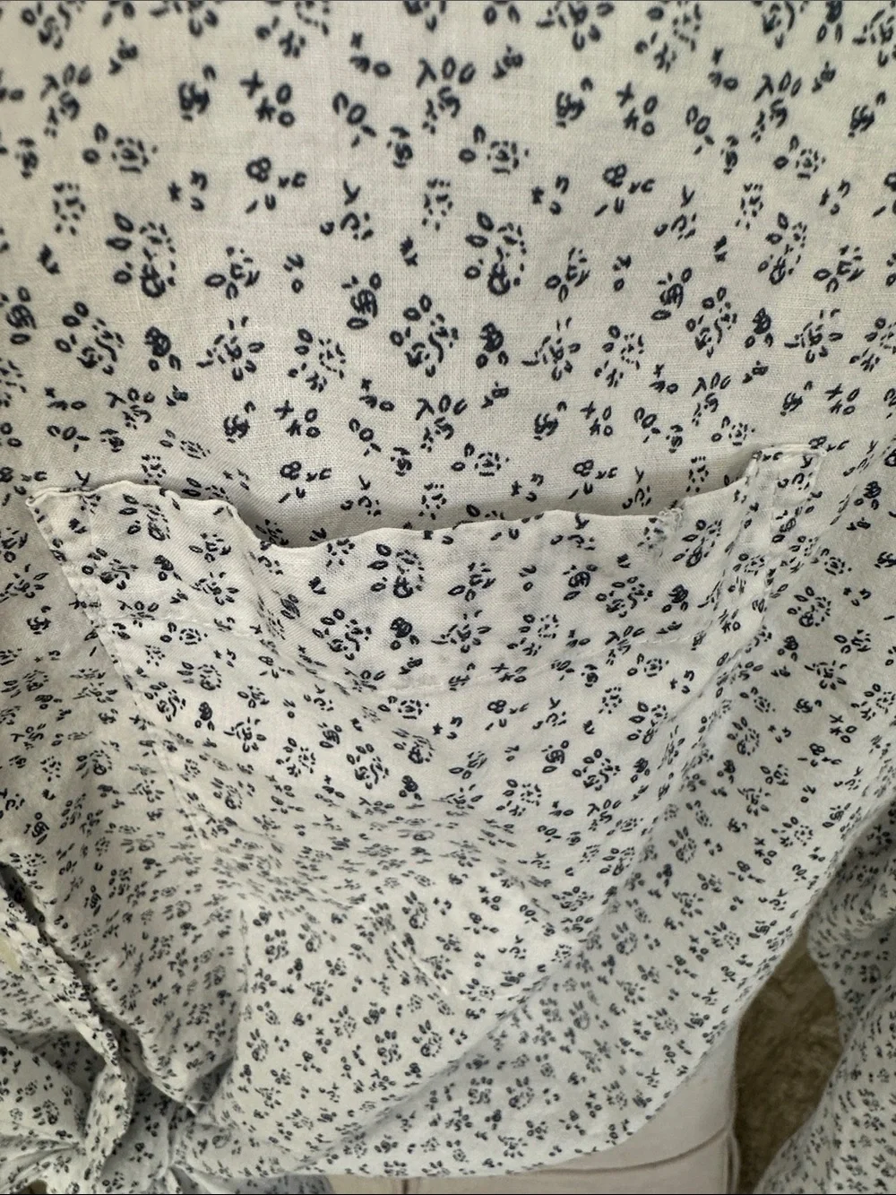 J. Crew White Shirt with Navy Micro Floral Tie Front